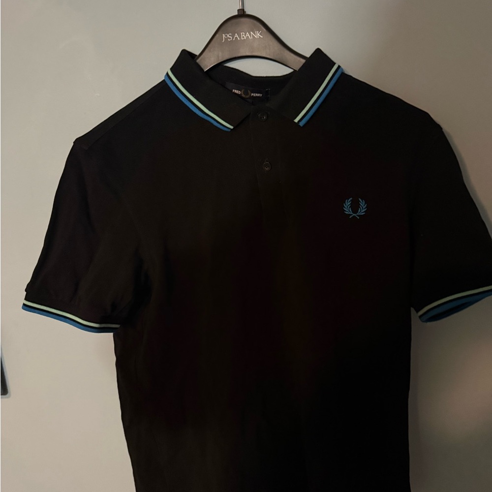 Fred Perry Black Polo Shirt with Blue Accents Size Large